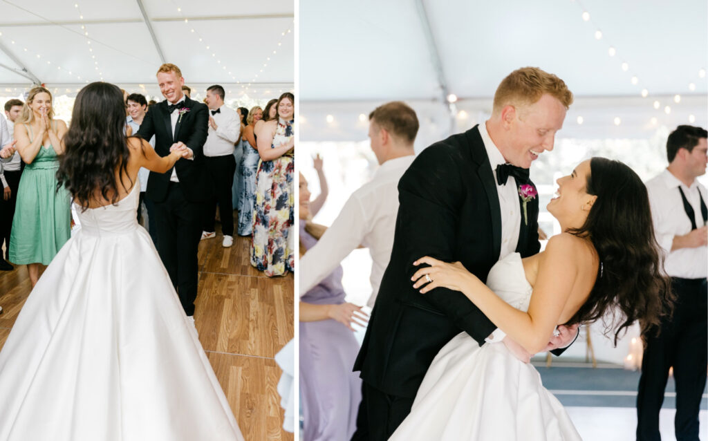 bride & groom dancing during their white tent wedding ceremony by Pennsylvania wedding photographer Emily Wren Photography