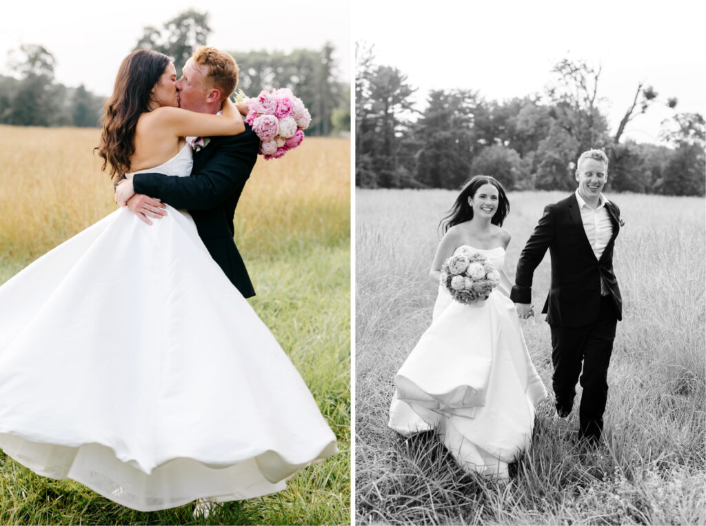 bride & groom running through Pennsylvania field by luxurious wedding photographer Emily Wren Photography