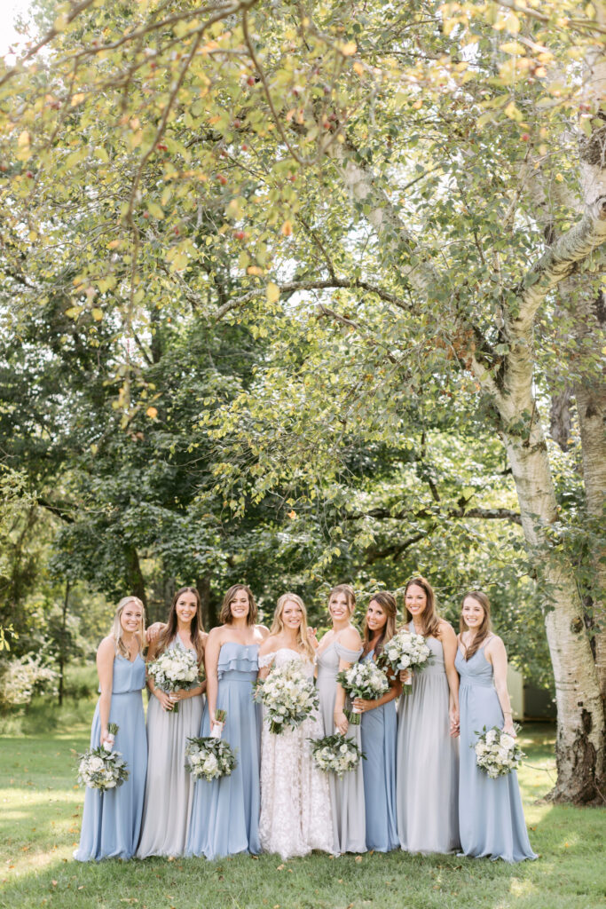 bride with her bridesmaids in sleet grey & blue bridesmaid dresses