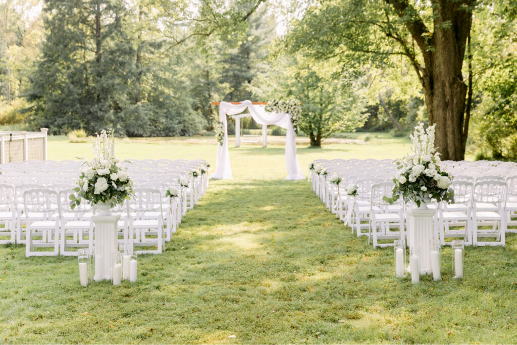 outdoor garden wedding ceremony details at The Inn at Barley Sheaf by Emily Wren Photography