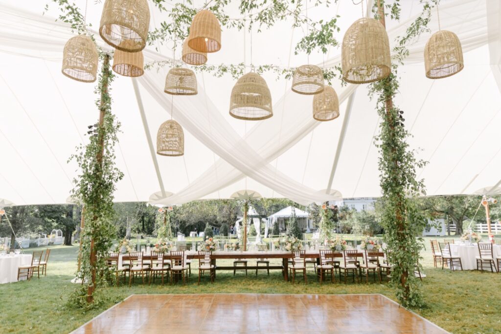 outdoor whimsical wedding reception under a white tent at the Inn at Barley Sheaf by Emily Wren Photography