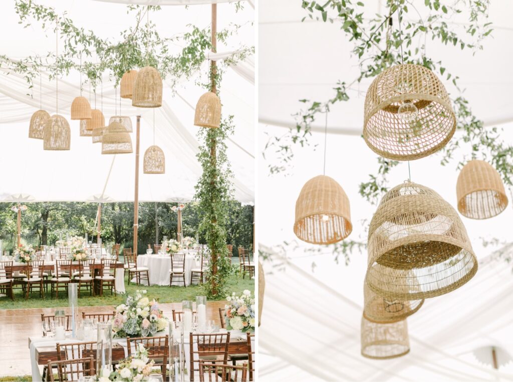 hanging whicker lanterns for whimsical garden wedding reception by Emily Wren Photography