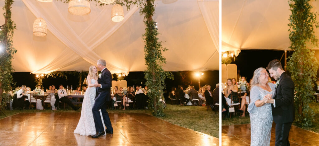 parent dances at outdoor white tented wedding reception