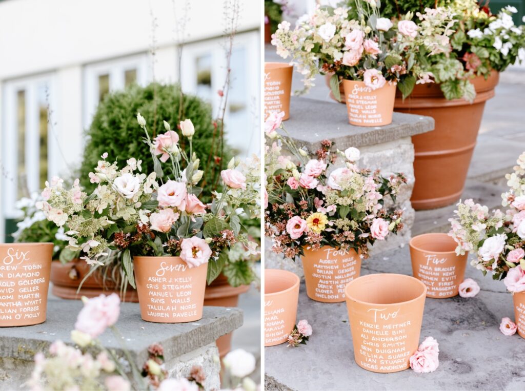 Wedding reception seating chart on potted plants for bohemian wedding