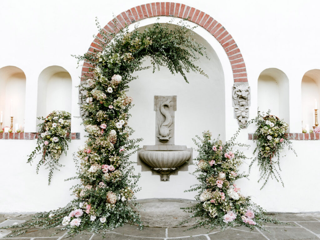 wedding ceremony floral arch at The Willows by Philadelphia wedding photographer Emily Wren Photography