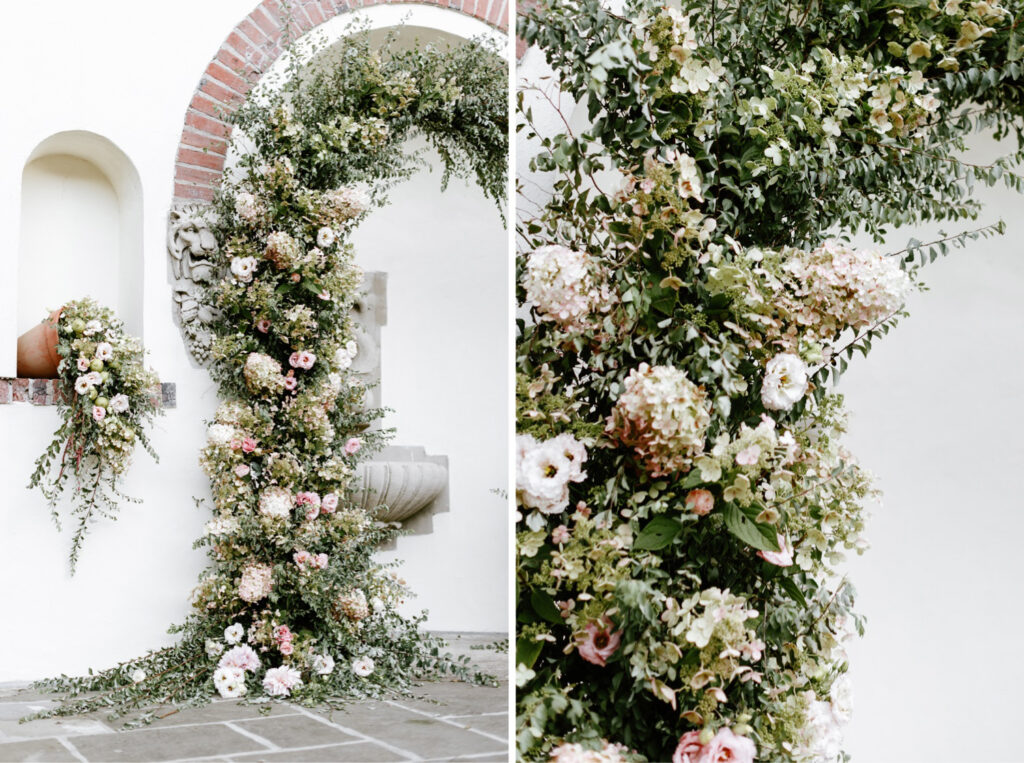 late summer wedding ceremony floral arch