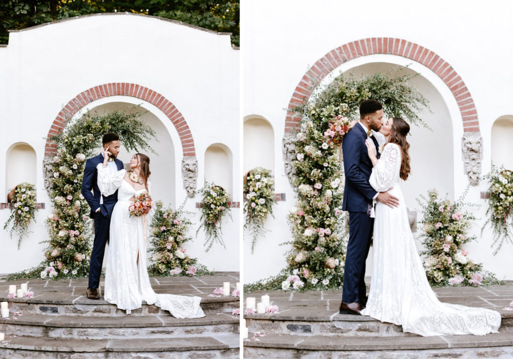 bride and groom at late summer bohemian wedding at The Willows