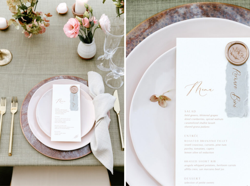 sleek bohemian wedding reception menu by Peachtree Catering