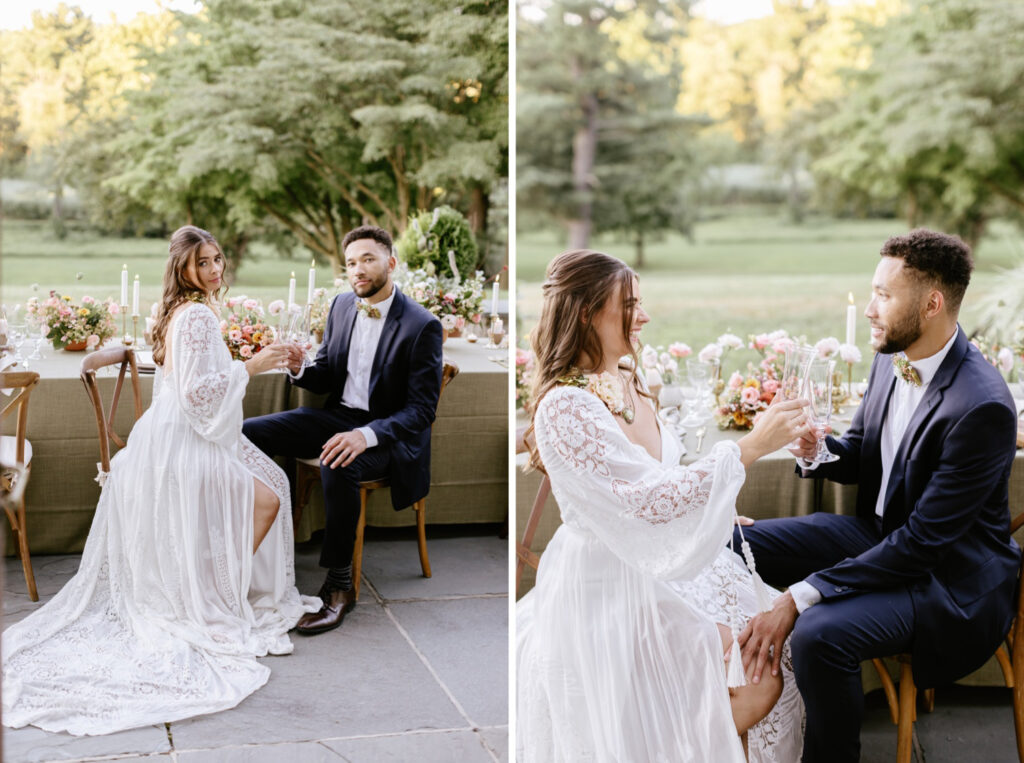 bride and groom toasting champagne at The Willows wedding reception by Emily Wren Photography