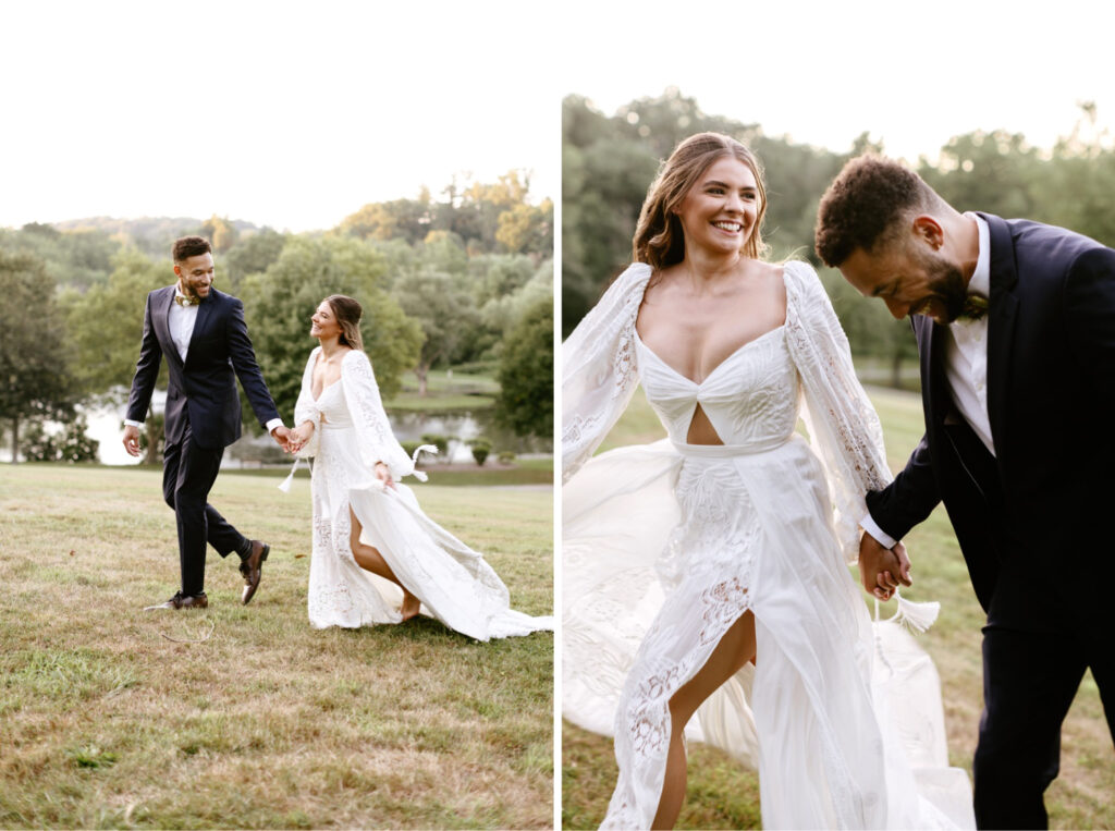 bride and groom running through a field at The Willows