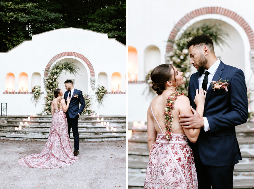 bride and groom in colorful reception dress at The Willows by Philadelphia wedding photographer Emily Wren Photography