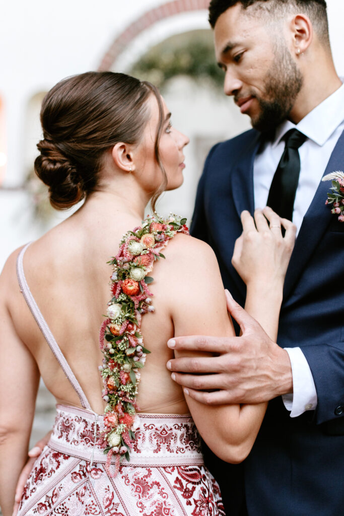 colorful wedding reception dress with floral strap