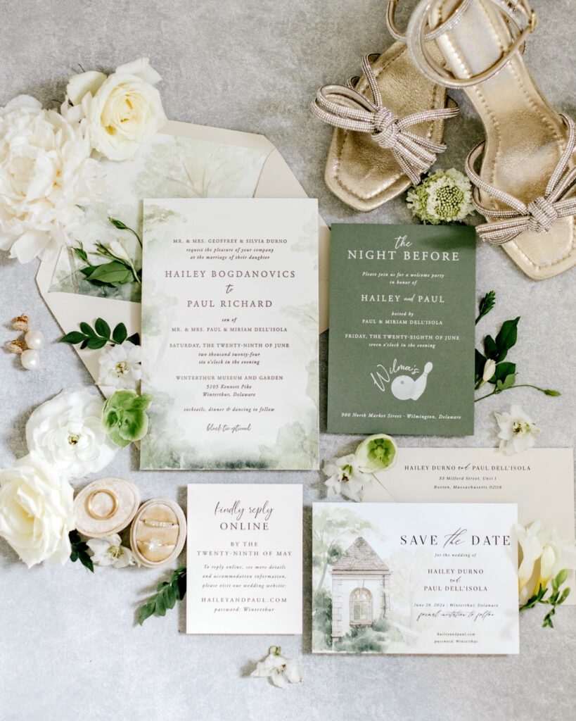 off white and sage green wedding invitations by Emily Wren Photography