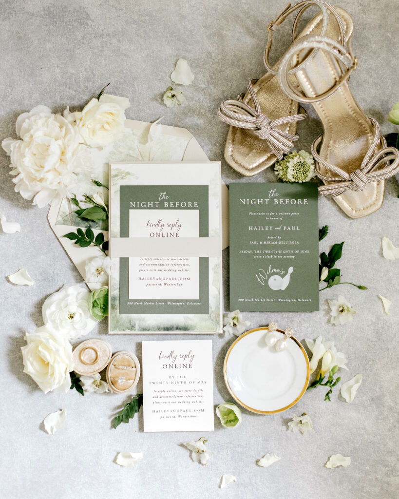 off white and sage green wedding invitation suite by Emily Wren Photography