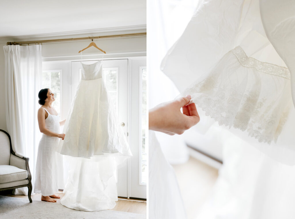 bride looking at her wedding gown for her summer wedding day in Delaware