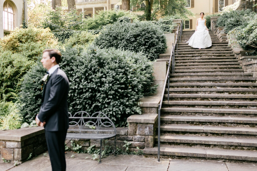 private first look with groom & bride at Winterthur Museum garden