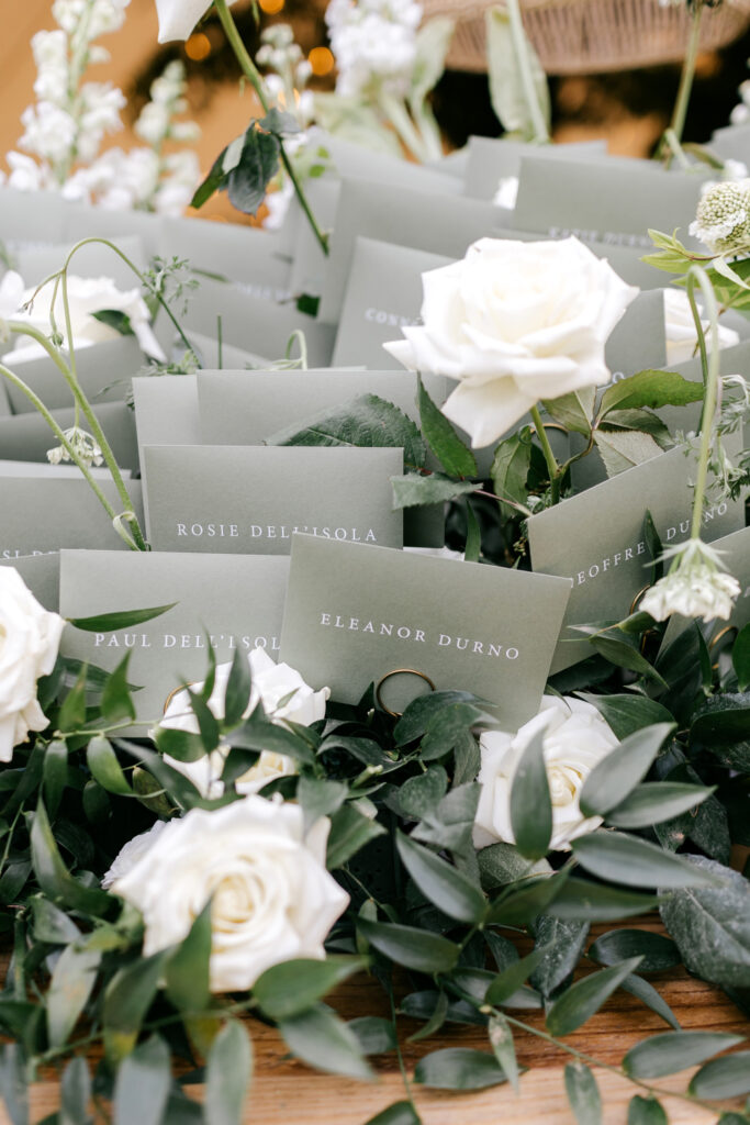 sage green and white floral table place cards set up for garden wedding reception