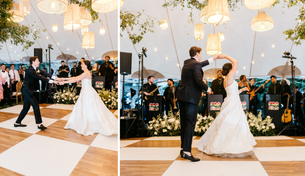 bride & grooms first dance at summer white tent garden wedding reception at Winterthur Musuem