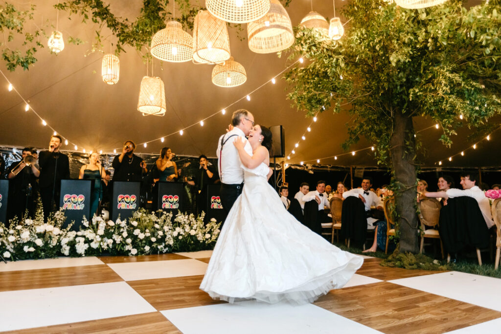 father daughter dance at outdoor white tent summer wedding reception in Delaware