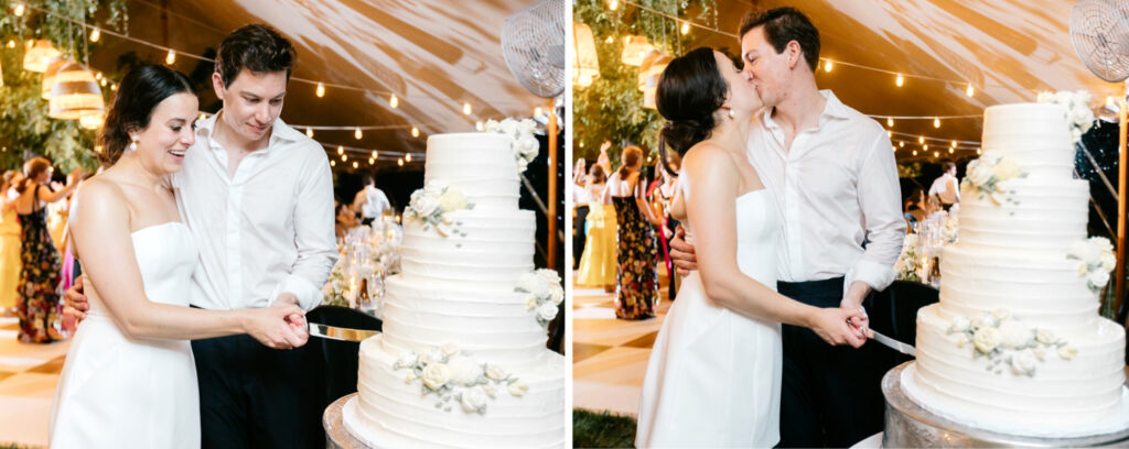 bride & groom cutting their 4 tier wedding cake at outdoor summer wedding reception