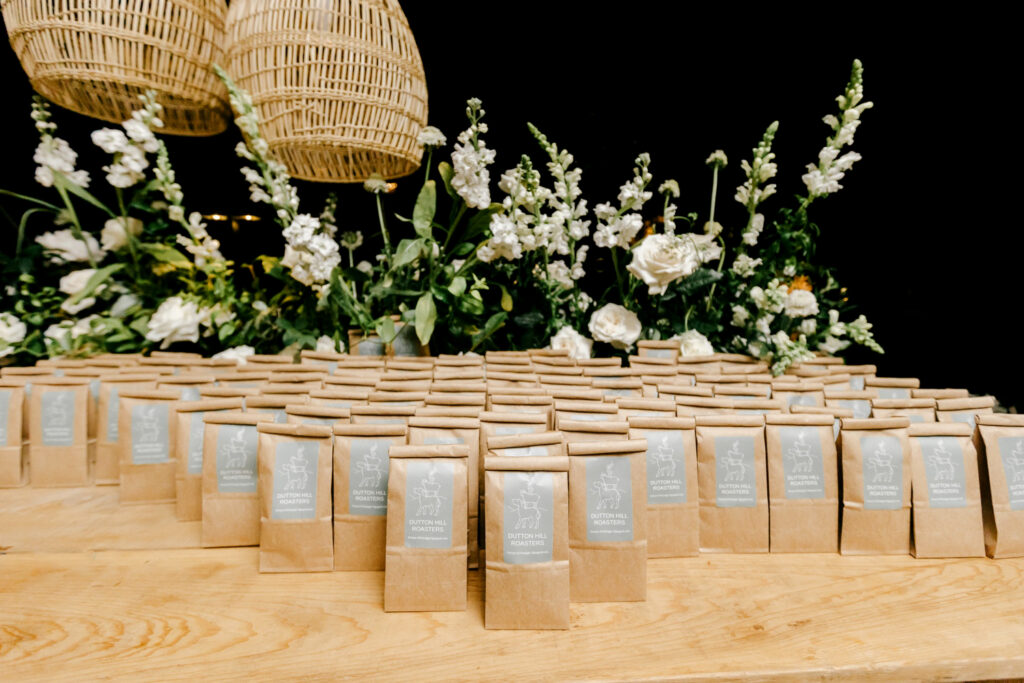 Dutton Hill Roasters coffee bags as wedding reception favors