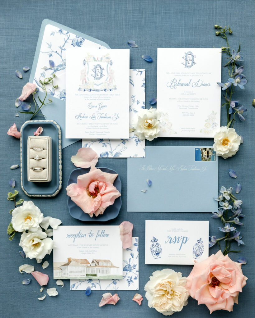 blue white and pink wedding invitational suite by Emily Wren Photography