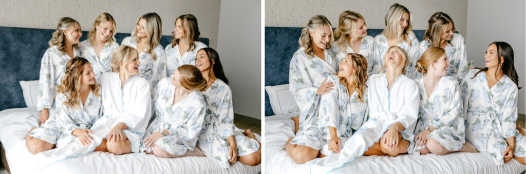 bride with bridesmaids in matching robes before King of Prussia wedding day