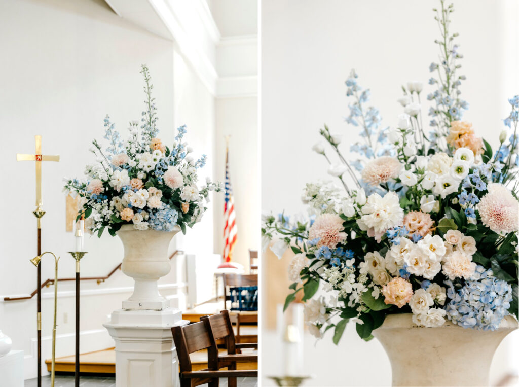 white blue pink and peach wedding flowers bouquet for church ceremony