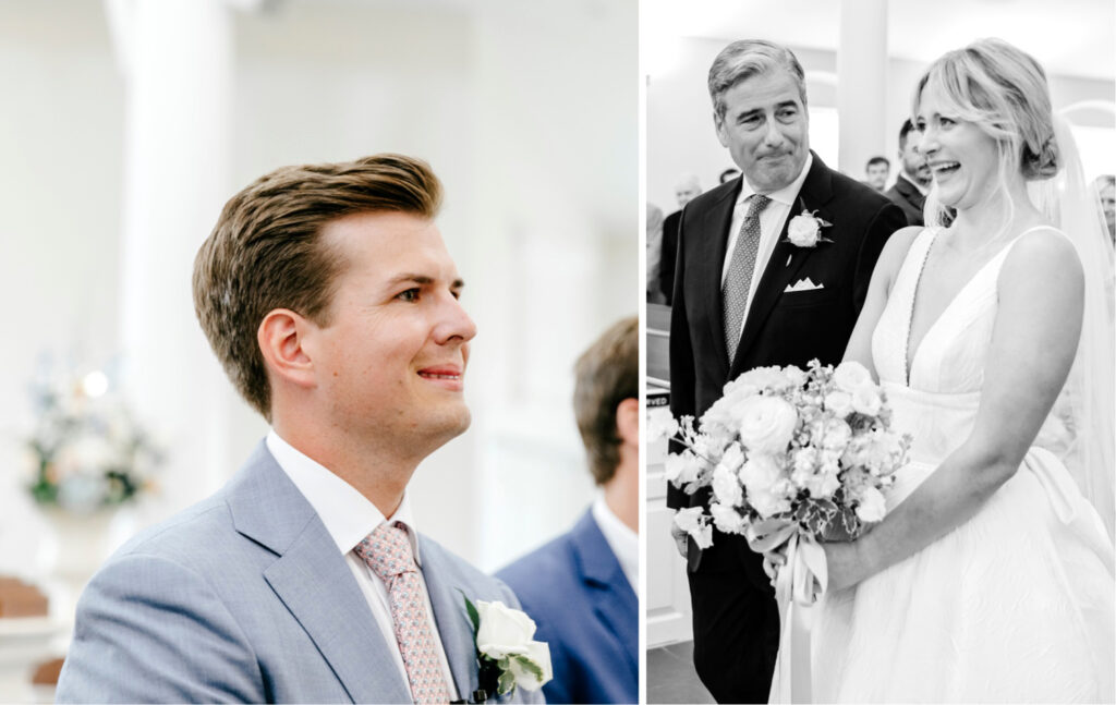 grooms reaction to bride walking down the aisle at church wedding by Emily Wren Photography