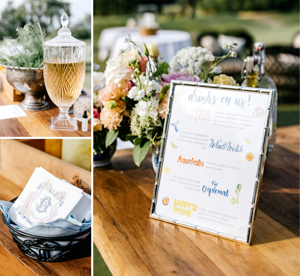 custom cocktail menu and cocktail napkins for outdoor summer wedding by Emily Wren Photography