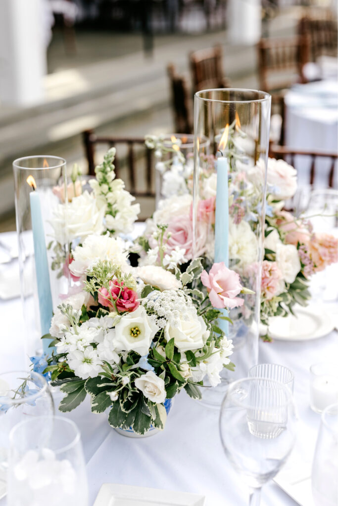 pink blue and white wedding reception table decor for summer wedding