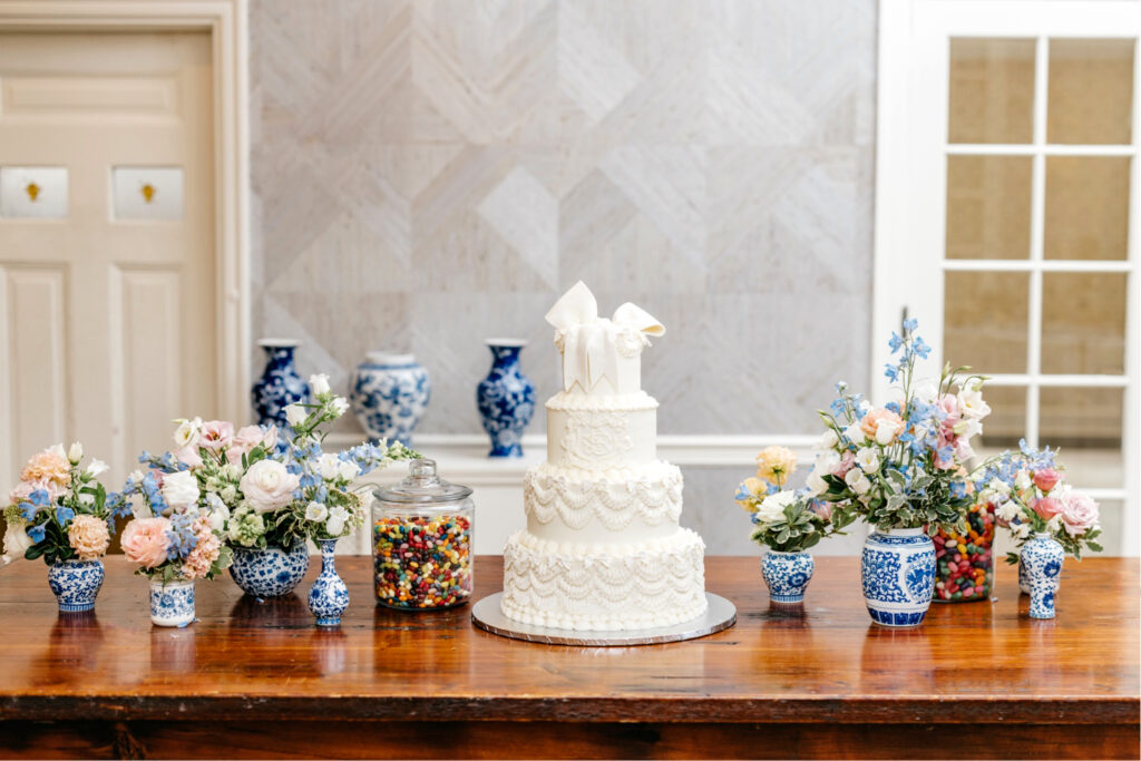 4 tier wedding cake with bow topper