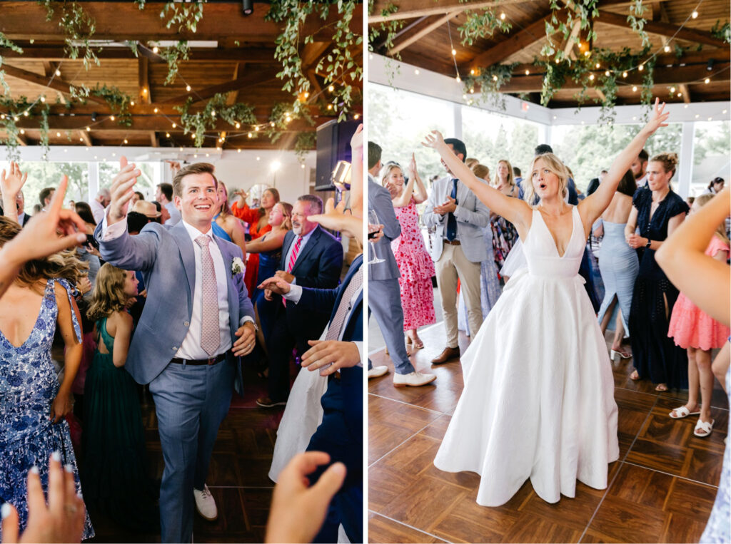 bride & groom having fun at their summer wedding reception in King of Prussia