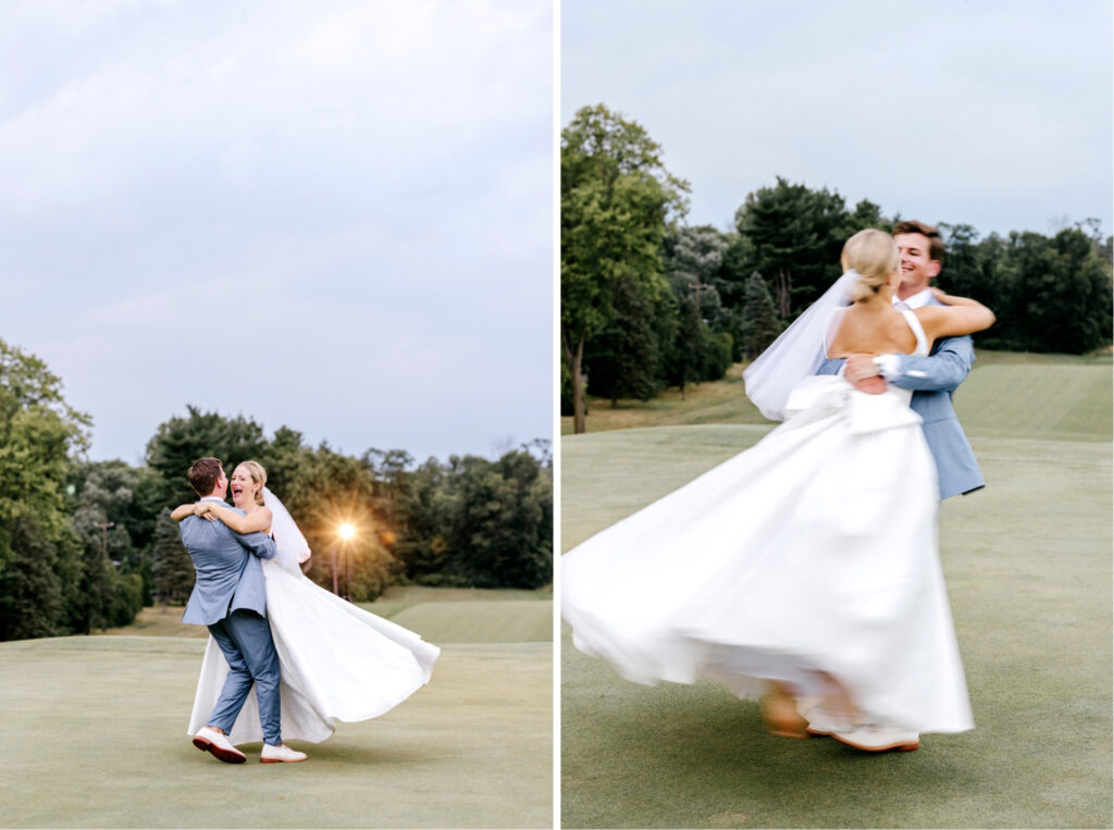 bride & groom spinning together during sunset in King of Prussia by Emily Wren Photography