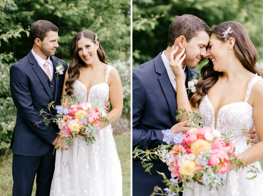 bride and groom portrait on summer Vermont wedding day by Emily Wren Photography