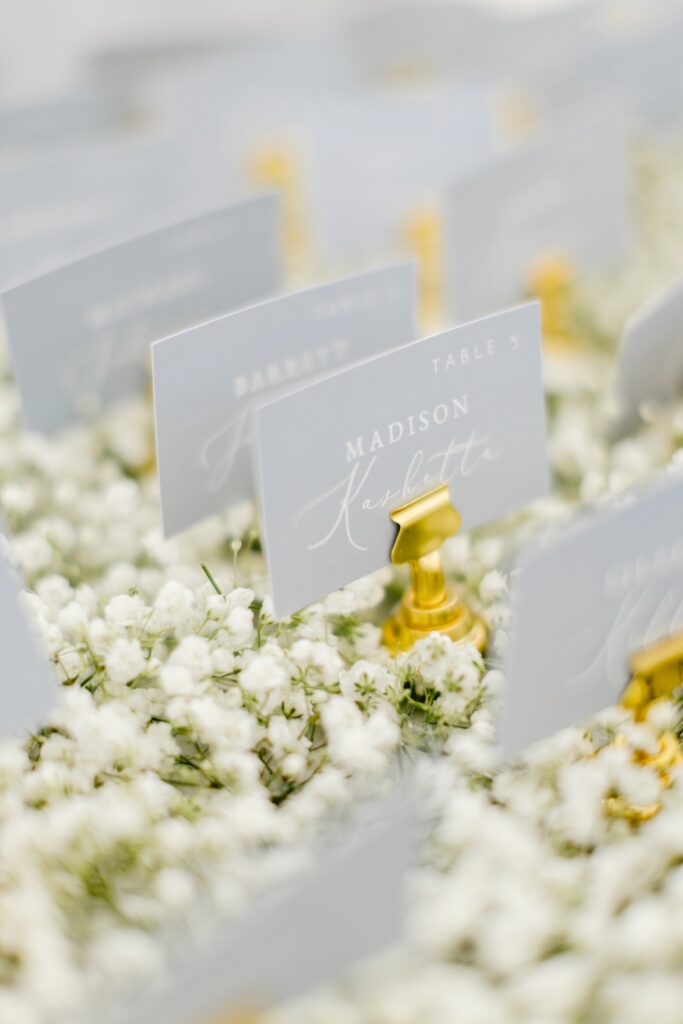 babies breath wedding reception table place cards