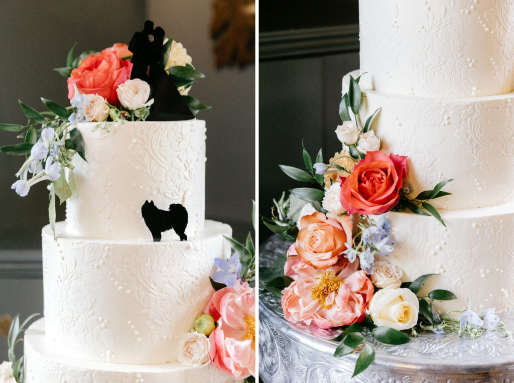 4 tier wedding cake decorated with vibrant summer blooms and couple & pet dog silouhette