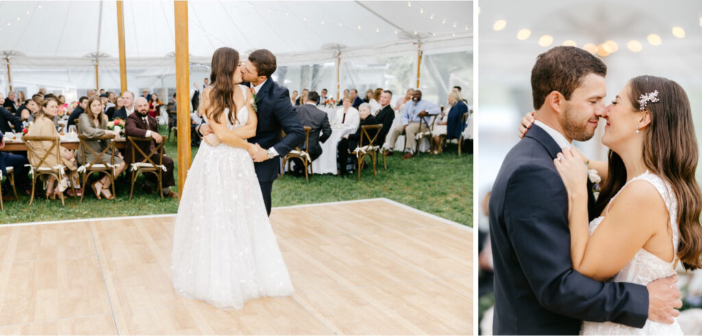 bride & grooms first dance at white tent wedding ceremony in Vermont by Emily Wren Photography