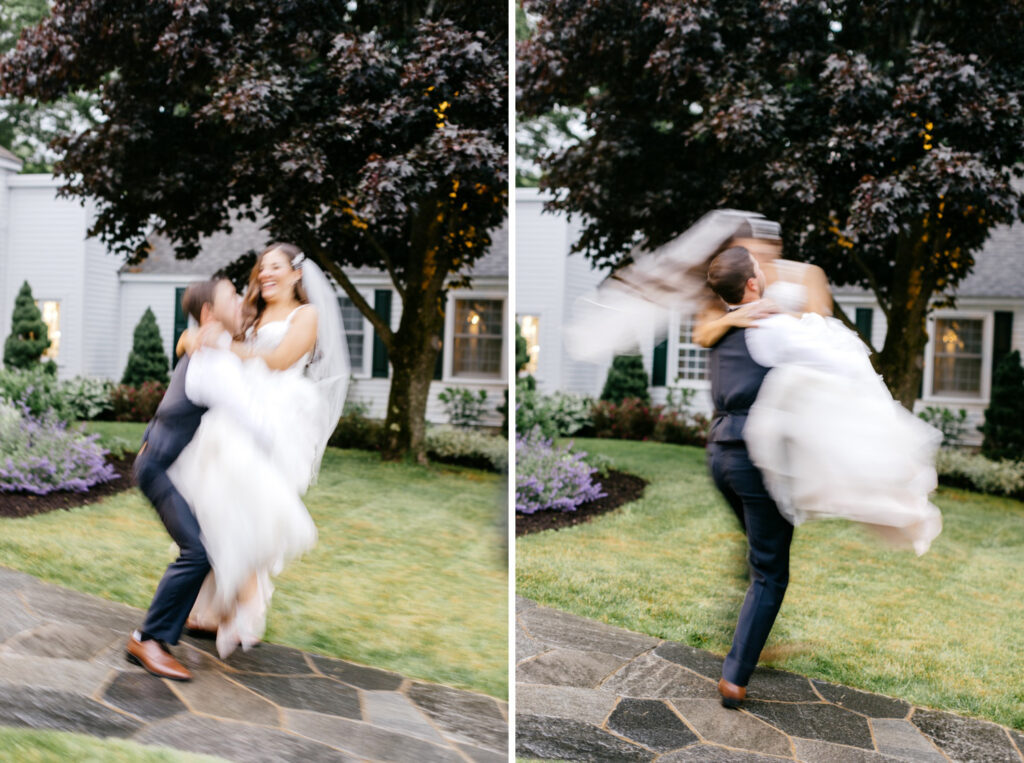 bride & groom dancing in the rain at their wedding reception at the Hermitage Inn