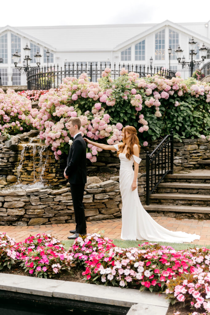 first look in all pink floral garden at Park Savoy by Emily Wren Photography