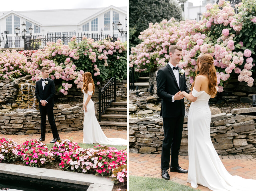 bride & groom first look in Park Savoy's garden on New Jersey summer wedding day