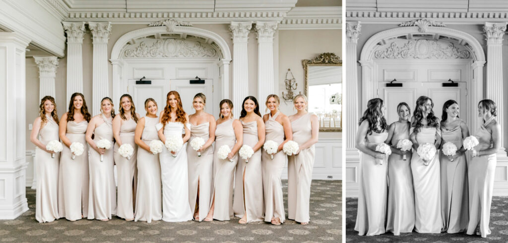 bride with bridesmaids in champagne bridesmaid dresses