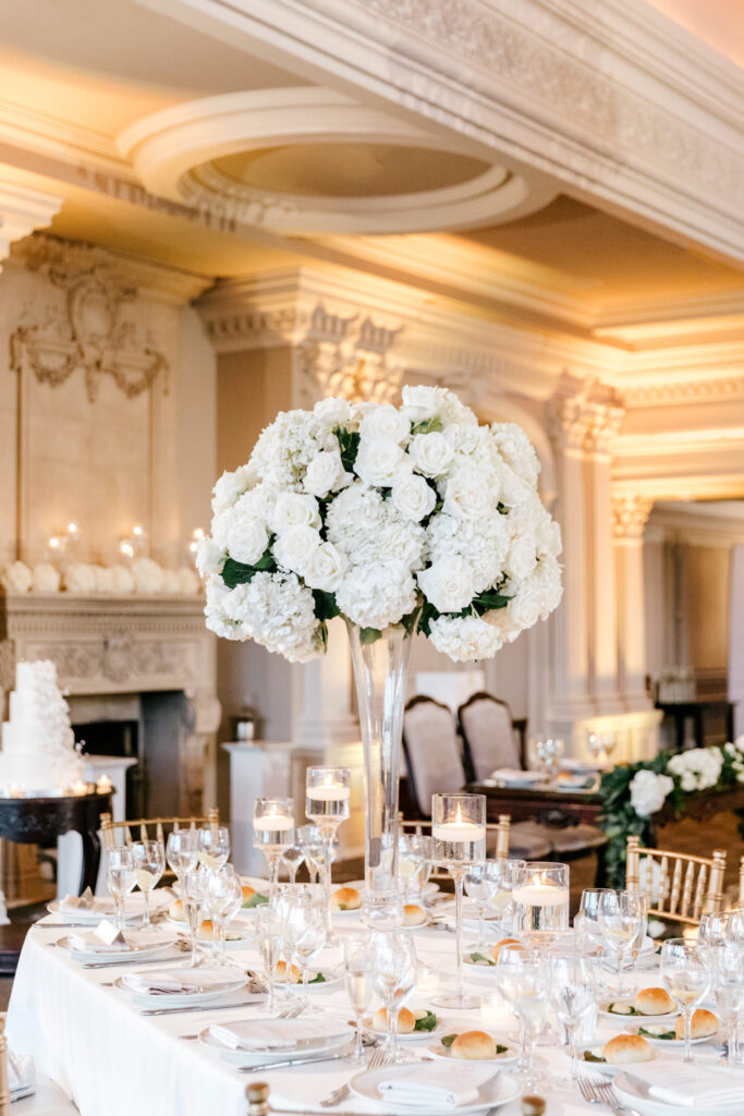 all white floral wedding reception decor