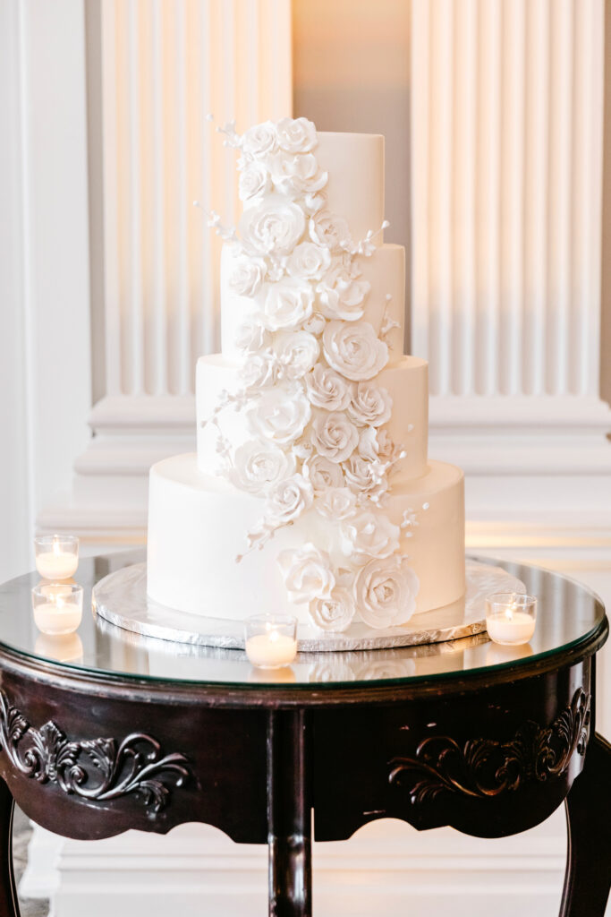 all white 4 tier wedding cake by Emily Wren Photography