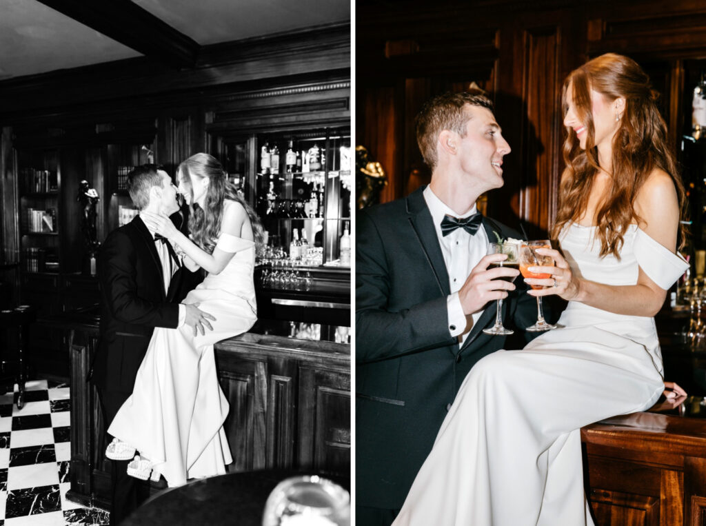 bride and groom sitting on a bar portrait session by Emily Wren Photography