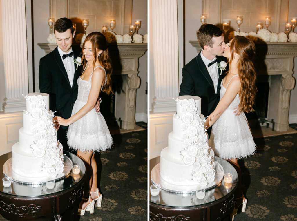 bride and groom cutting their 4 tier wedding cake at Park Savoy reception