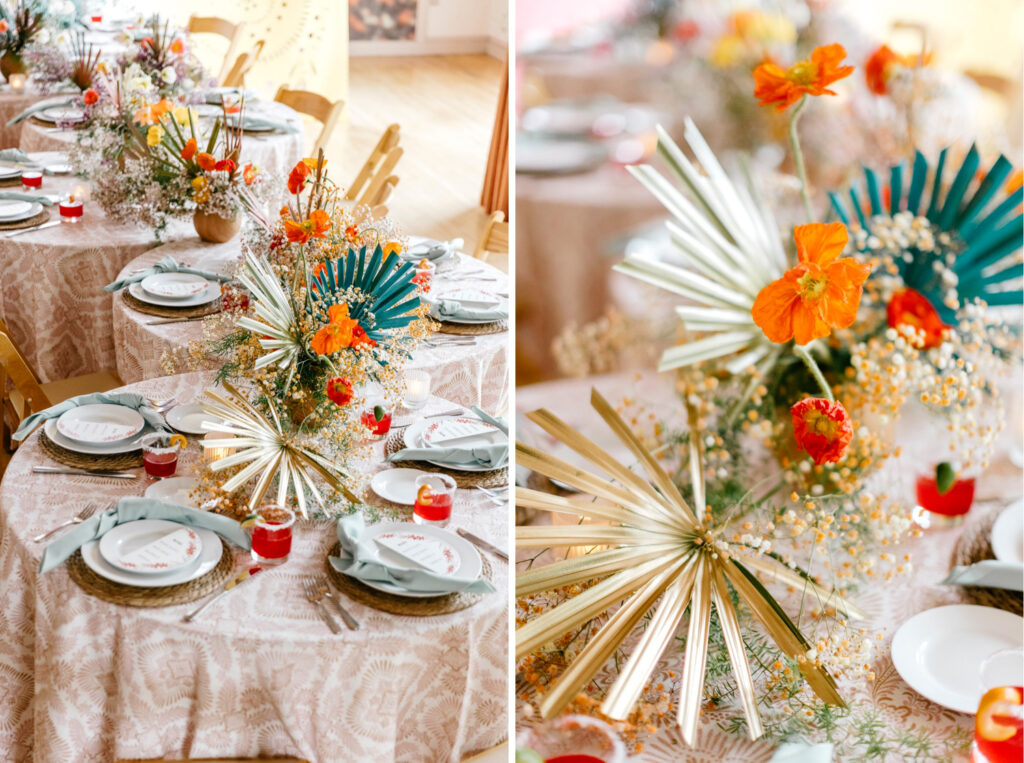 bohemian and vibrant colorful wedding reception table decor by Emily Wren Photography