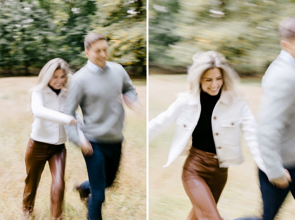 fall engagement photos running through a field at Appleford Estate by Emily Wren Photography