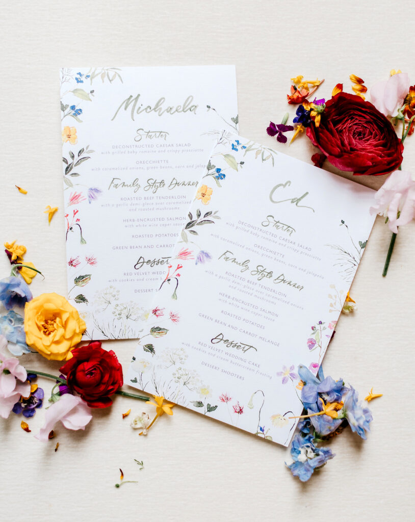 colorful & floral custom wedding reception menus by Emily Wren Photography