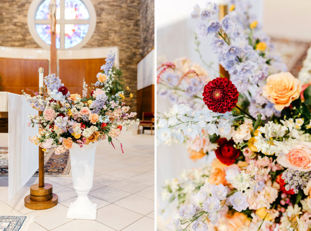 vibrant, colorful summer wedding bouquet for church ceremony at Saint Elizabeth's Parish